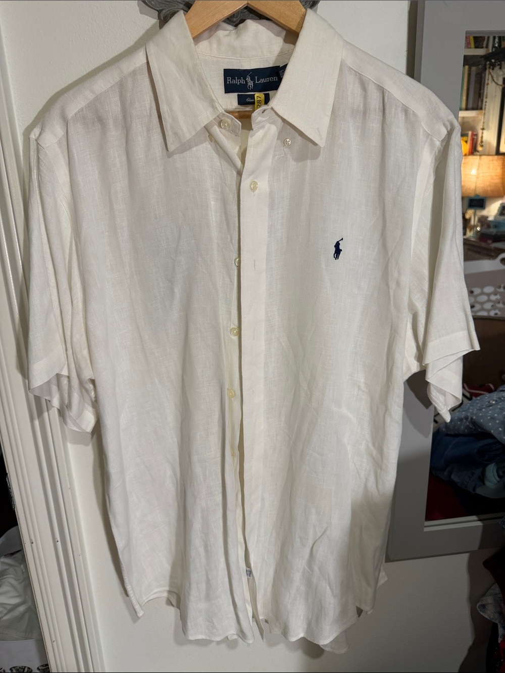 Ralph Lauren white Short-Sleeve Linen Button-Down Shirt with Navy Pony